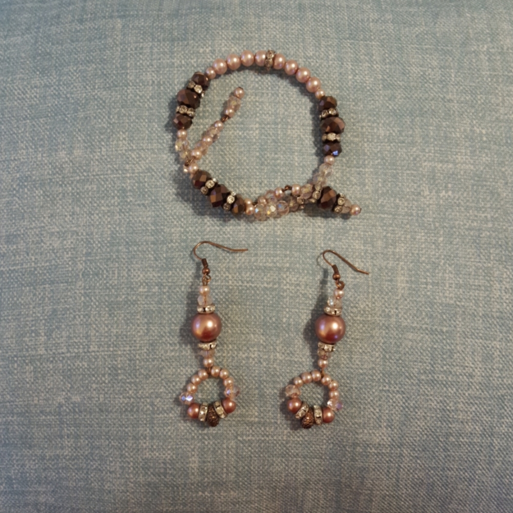 Rose gold costume earrings and bracelet set/ pink